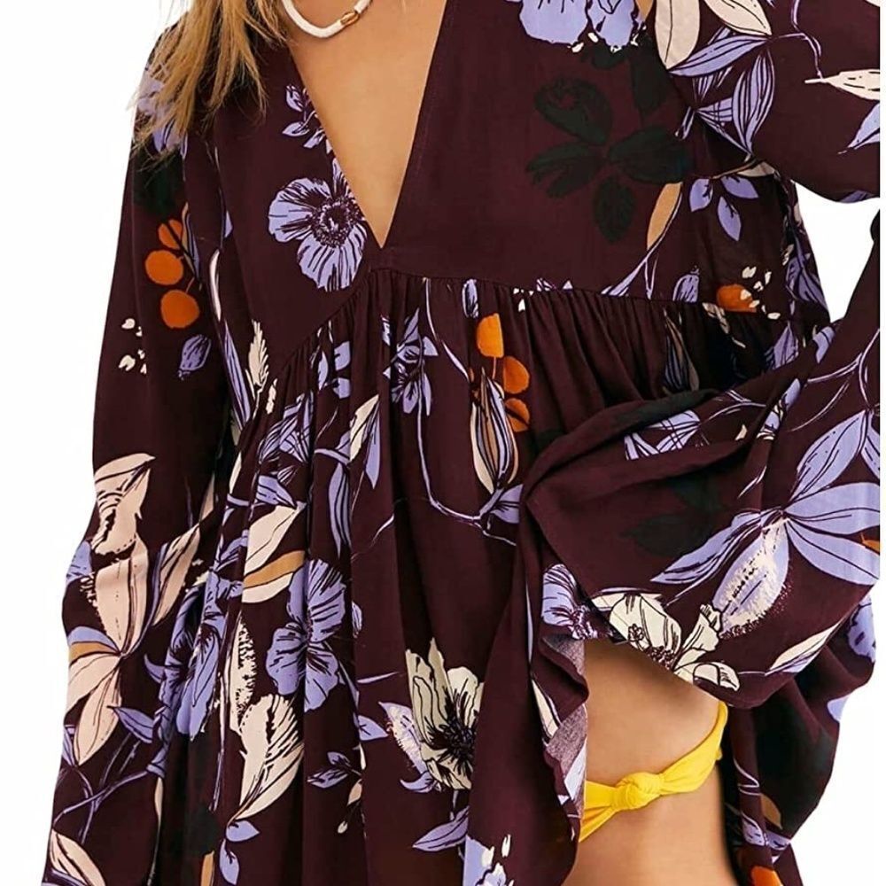 Free People Bella Wine Floral Print Tunic Sz S